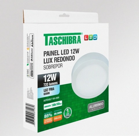 Caixa do Plafon Painel de Led Sobrepor Redondo 12W Taschibra, mostrando especificações como 720 lumens e luz fria 6500K. Lustres Gênesis loja online de Lustres e Iluminação Decorativa